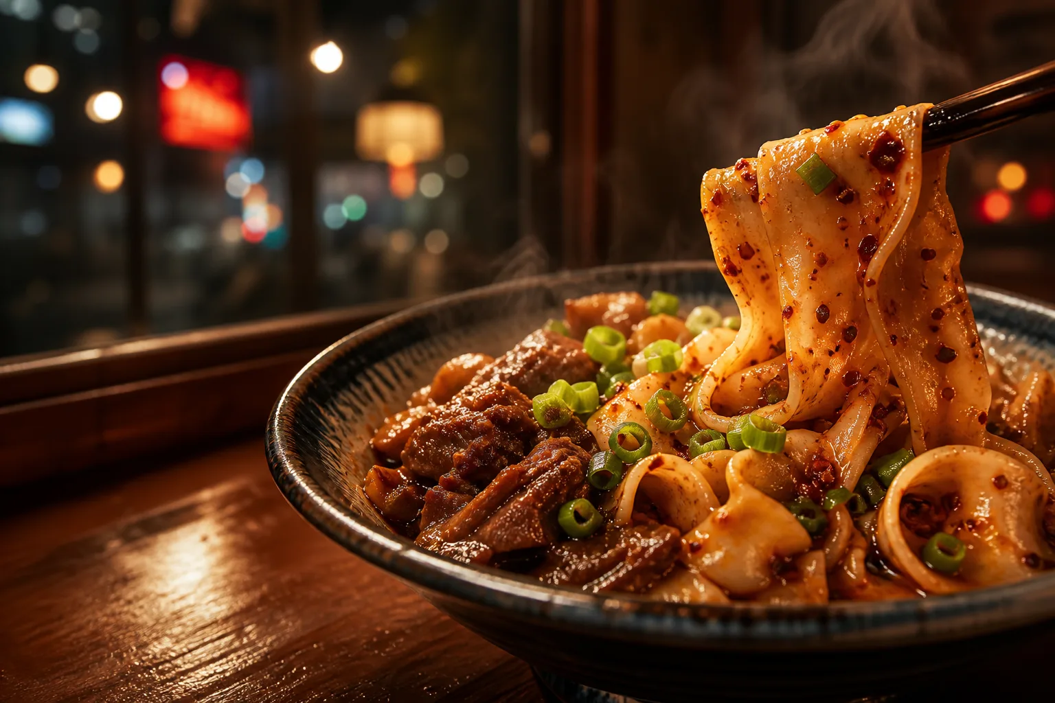 A steaming bowl of wide chili-oil biang biang noodles with chopsticks lifting a broad noodle ribbon.